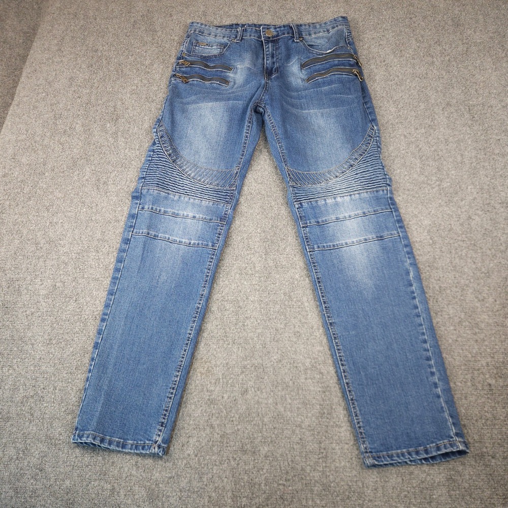 V19-69 Italia Mens Blue Biker Moto Jeans Ribbed Knee Zipper Accents 32x31‎